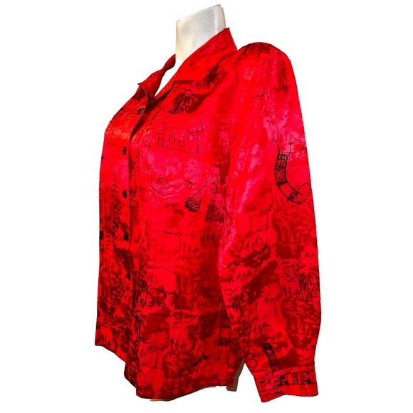 Chico's Red Silk Linen Blend Button Front Shirt Tropical Print Size L (2) Artsy - Picture 4 of 8
